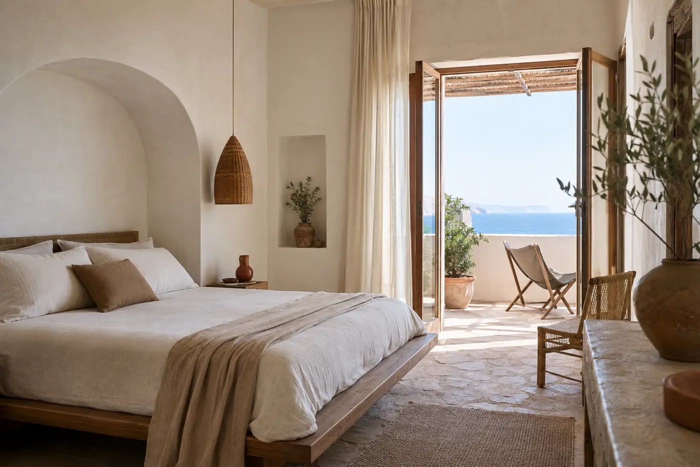 Fictional Casa Neravia guest suite with limewashed walls and a private sea-view terrace