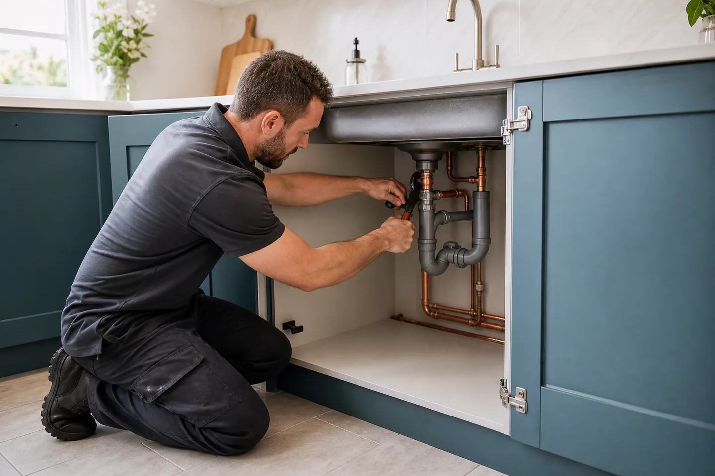 Plumber working carefully on pipework beneath a kitchen sink
