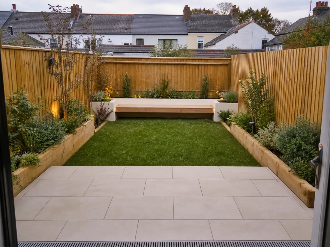 Fictional compact family garden study with pale paving, lawn, new fencing and built-in seating
