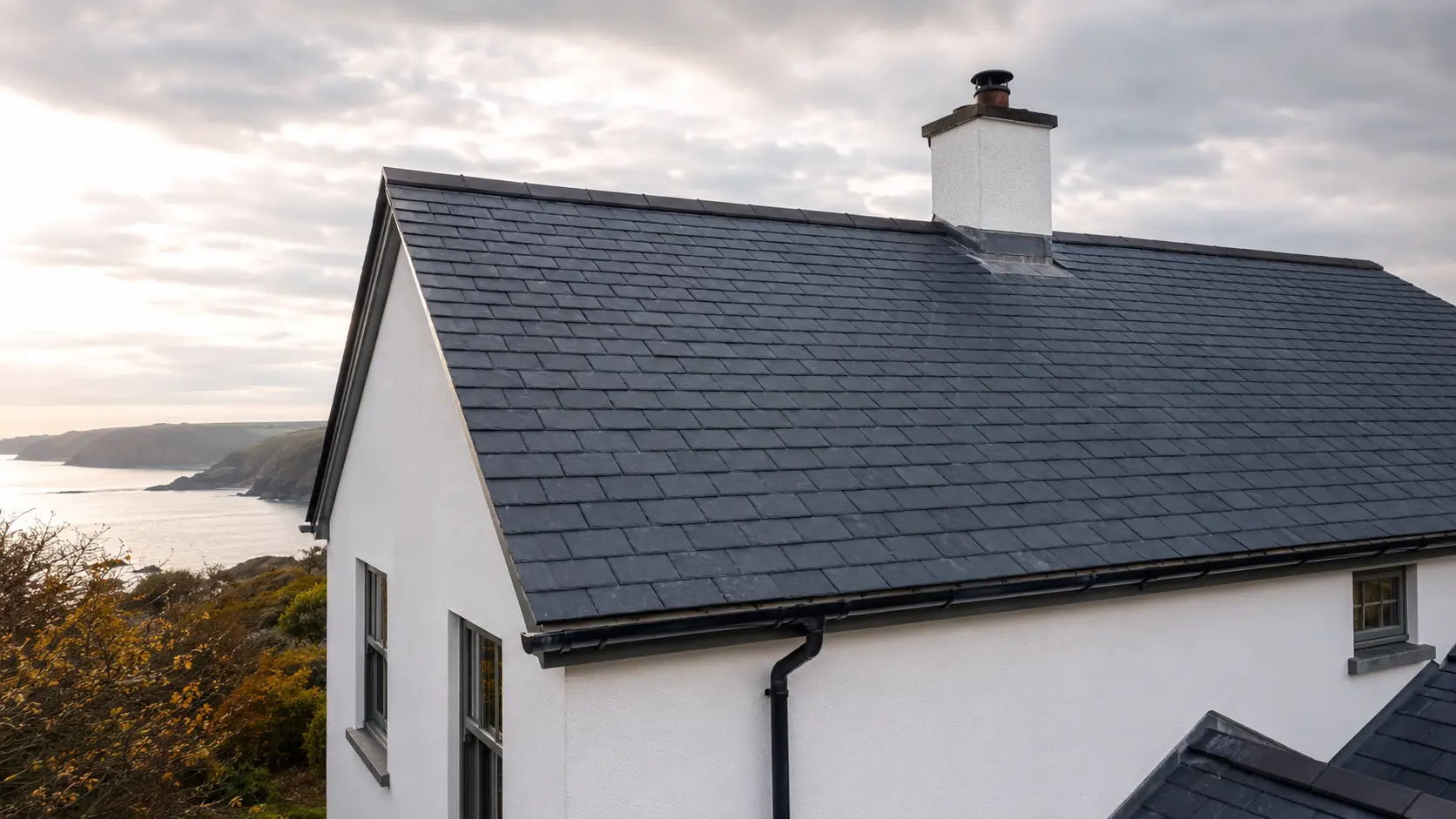 Fictional finished natural slate roof on a white coastal home
